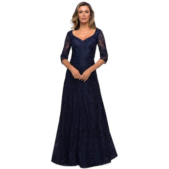 La Femme 27949 Embroidered Lace Overlay A-Line Navy Blue Gown Size 6 - Picture 1 of 5